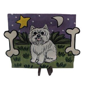 Hand-Painted Ceramic Westie Dog Plate Tray Signed by Artist Bone Handles 11 3/4"